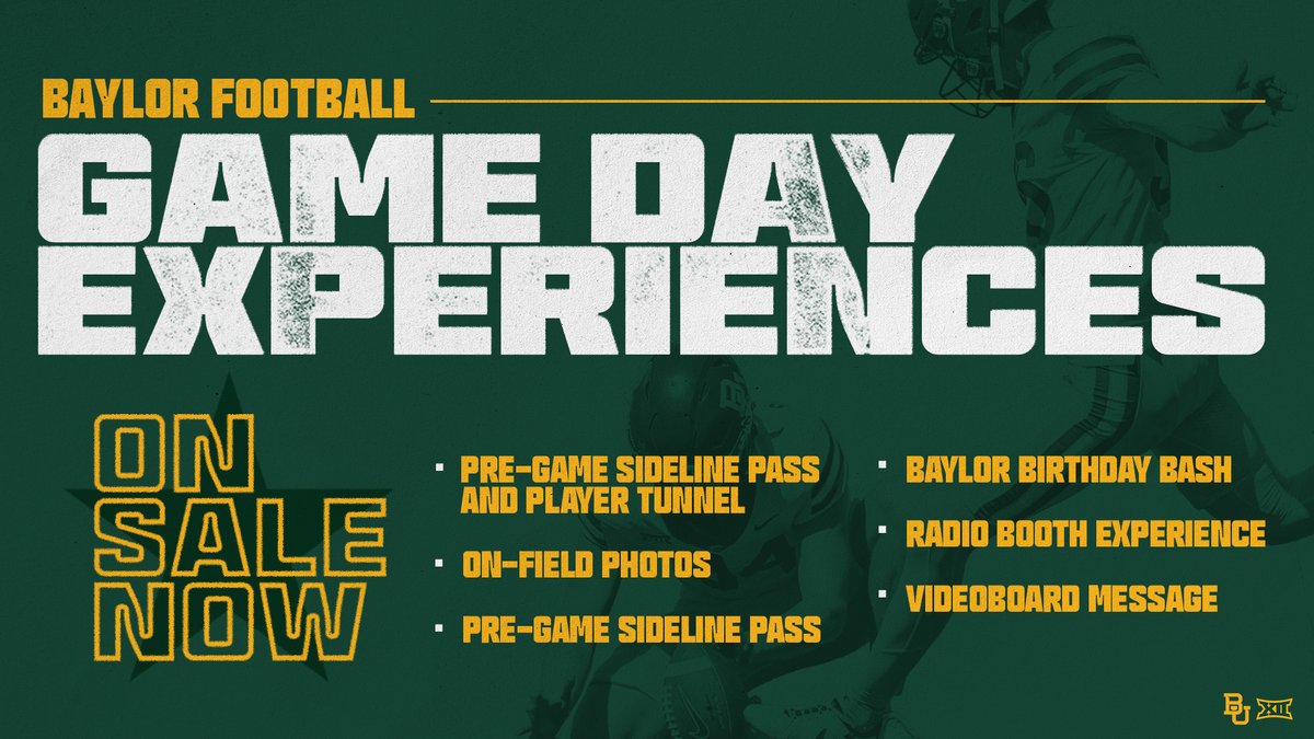 BaylorAthletics's tweet image. Upgrade your @BUFootball game day with a pre-game or in-game experience‼️
⭐️ Purchase for your group here: baylorbea.rs/Experiences
#SicEm