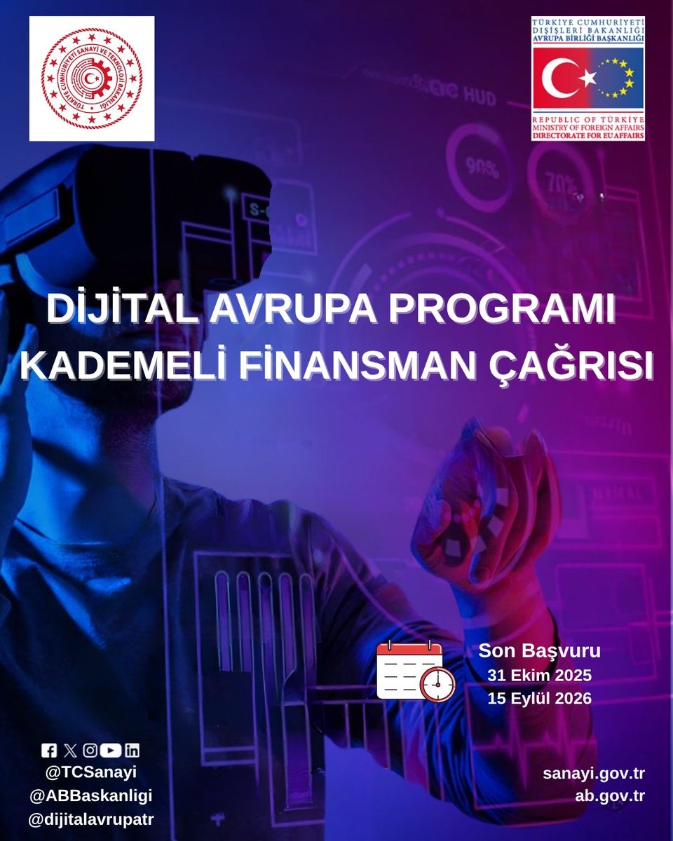 T.C. Dışişleri Bakanlığı Avrupa Birliği Başkanlığı (@abbaskanligi) on Twitter photo Dijital Avrupa Programı Kademli Finansman Çağrısı başvurulara açıldı! <a href="/dijitalavrupatr/">Dijital Avrupa Programı</a>
📅 Son Başvuru Tarihleri:
• 1. Kesim: 31 Ekim 2025
• 2. Kesim: 15 Eylül 2026
👉 Başvuru için: bit.ly/4lXHaa3 Dijital Avrupa Programı Kademli Finansman Çağrısı başvurulara açıldı! <a href="/dijitalavrupatr/">Dijital Avrupa Programı</a>
📅 Son Başvuru Tarihleri:
• 1. Kesim: 31 Ekim 2025
• 2. Kesim: 15 Eylül 2026
👉 Başvuru için: bit.ly/4lXHaa3