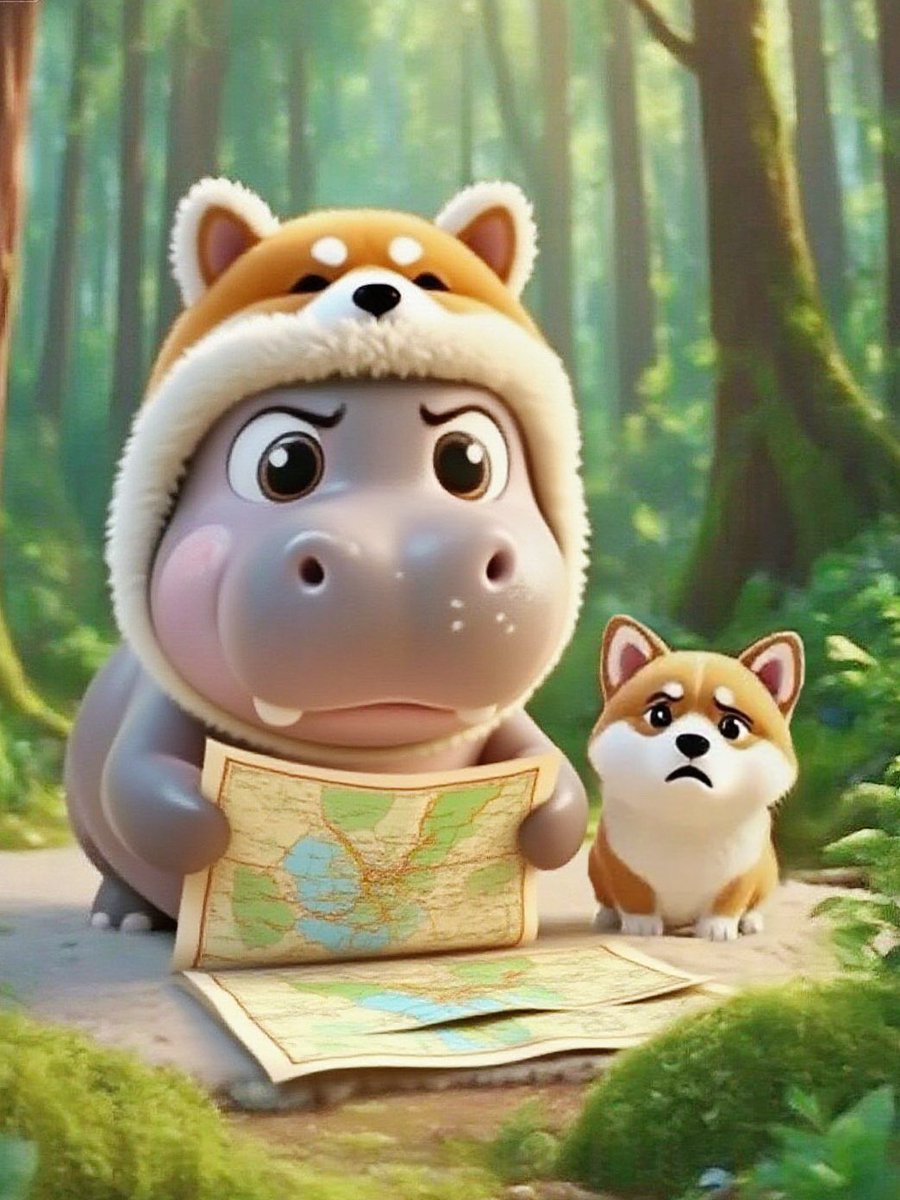 MOODENG in serious-mode as he takes out his map to find <a href="/VitalikButerin/">vitalik.eth</a> in the Ethereum Forest while SHIB thinking this is gonna be one long journey 😂