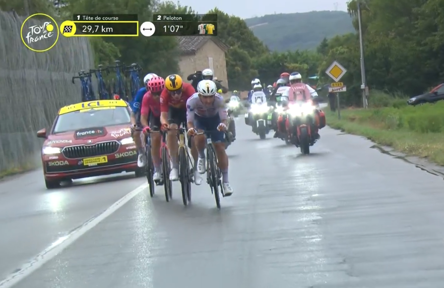 letour_de's tweet image. ๐ 27 km โฑ๏ธ1'
๐ง๏ธ Regen im Finale der Etappe. Das Feld auf der Jagd nach den Ausreiรern.
#TDF2025