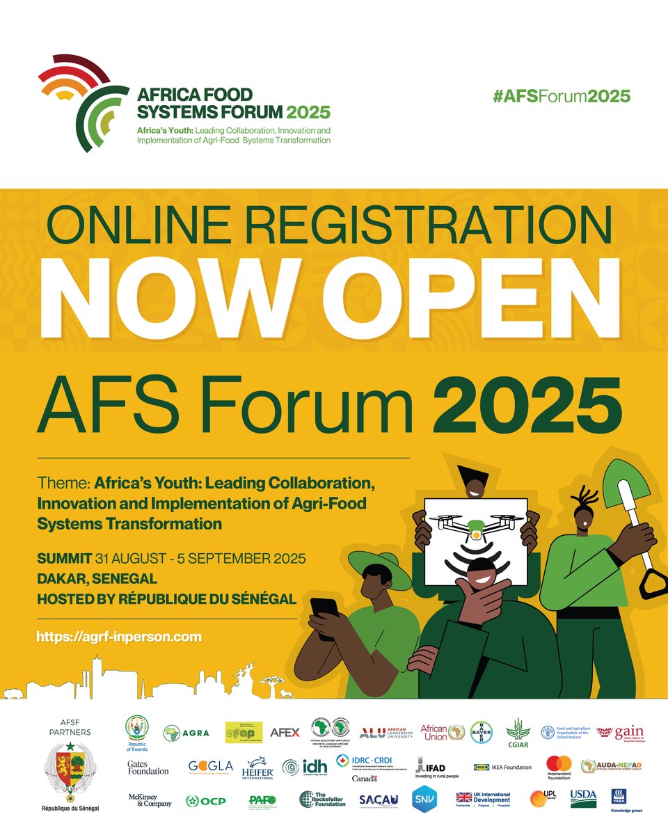 TheAGRF's tweet image. Africa Food Systems Forum 2025: Youth Leading the Agri-Food Revolution!
Online registration is NOW OPEN for #AFSForum2025 in Dakar, Senegal!
Join policymakers, innovators, and agri-leaders from August 31 – September 5 to collaborate on sustainable food systems.
🔗 Secure your…