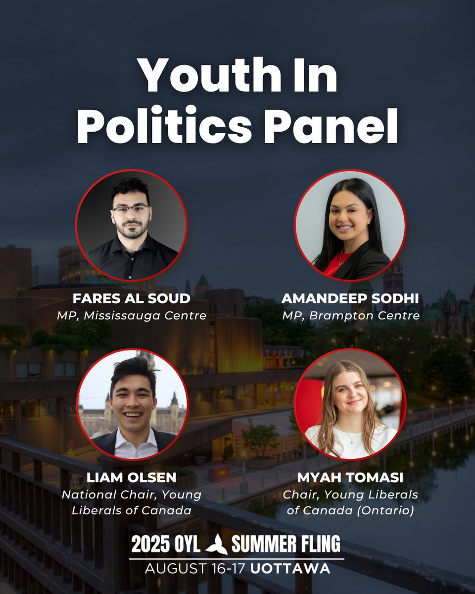 OYLorg's tweet image. Introducing our first panel of Summer Fling 2025: Youth in Politics!
These leaders are showing what’s possible when young people step up, from Parliament Hill to party leadership. Hear how they got started, and how you can too.
Early bird ends July 27. Register now! Link in bio