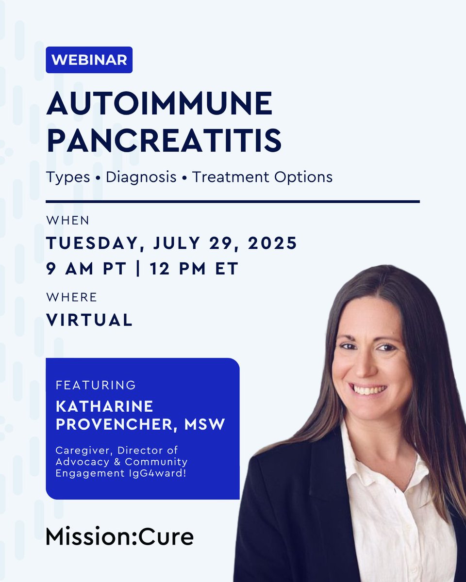 Mission: Cure (@mission_cure) on Twitter photo Told your #pancreatitis might be #autoimmune, but not sure what that really means? You’re not alone.
Join our FREE webinar on July 29 to learn about:
✔️ Autoimmune pancreatitis
✔️ IgG4-related disease (#IgG4RD)
✔️ Diagnosis + treatment
🔗 Register: buff.ly/KN67NPo Told your #pancreatitis might be #autoimmune, but not sure what that really means? You’re not alone.
Join our FREE webinar on July 29 to learn about:
✔️ Autoimmune pancreatitis
✔️ IgG4-related disease (#IgG4RD)
✔️ Diagnosis + treatment
🔗 Register: buff.ly/KN67NPo