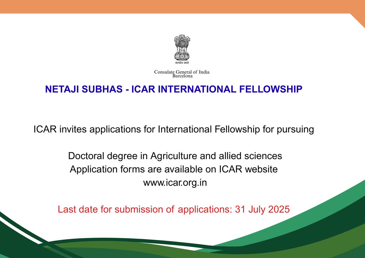 ¡ICAR lanza las Becas Internacionales Netaji Subhas–ICAR!

¡Oportunidad para realizar un doctorado en Agricultura y Ciencias Afines en universidades internacionales de primer nivel!

Para obtener las directrices detalladas, visite: cgibarcelona.gov.in