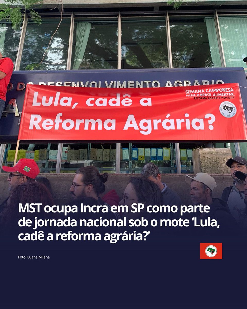 MST_Oficial's tweet image. 🚩 “Lula, cadê a Reforma Agrária?” Foi com esse mote que 300 militantes ocuparam o Incra em SP nesta quarta (23). A ação integra a #SemanaCamponesa, que já soma mais de 20 mobilizações do MST em todo o país.
📲 Saiba mais: mst.org.br/2025/07/23/mst…
#MSTemLuta