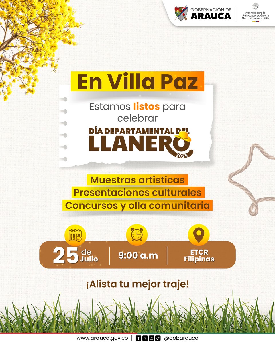Gobernación Arauca (@gobarauca) on Twitter photo En Villa Paz celebraremos juntos el Día Departamental del Llanero
La <a href="/ARNColombia/">Agencia para la Reincorporación y la Normalización</a>, con el apoyo de la Gobernación de Arauca, invitan a firmantes de paz, sus familias y a toda la comunidad del ETCR Filipinas a participar en esta jornada cargada de cultura, identidad y tradición. En Villa Paz celebraremos juntos el Día Departamental del Llanero
La <a href="/ARNColombia/">Agencia para la Reincorporación y la Normalización</a>, con el apoyo de la Gobernación de Arauca, invitan a firmantes de paz, sus familias y a toda la comunidad del ETCR Filipinas a participar en esta jornada cargada de cultura, identidad y tradición.