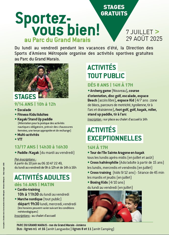 [#Sport 🏋️‍] Envie de tester l'archery game ❓ De vous rafraîchir en faisant du kayak ❓ Tout l'été, "Sportez-vous bien" au Parc du Grand-Marais ❗

Jusqu'au 29 août, venez profiter d'activités sportives gratuites et encadrées par des éducateurs sportifs d'Amiens Métropole 😍👇