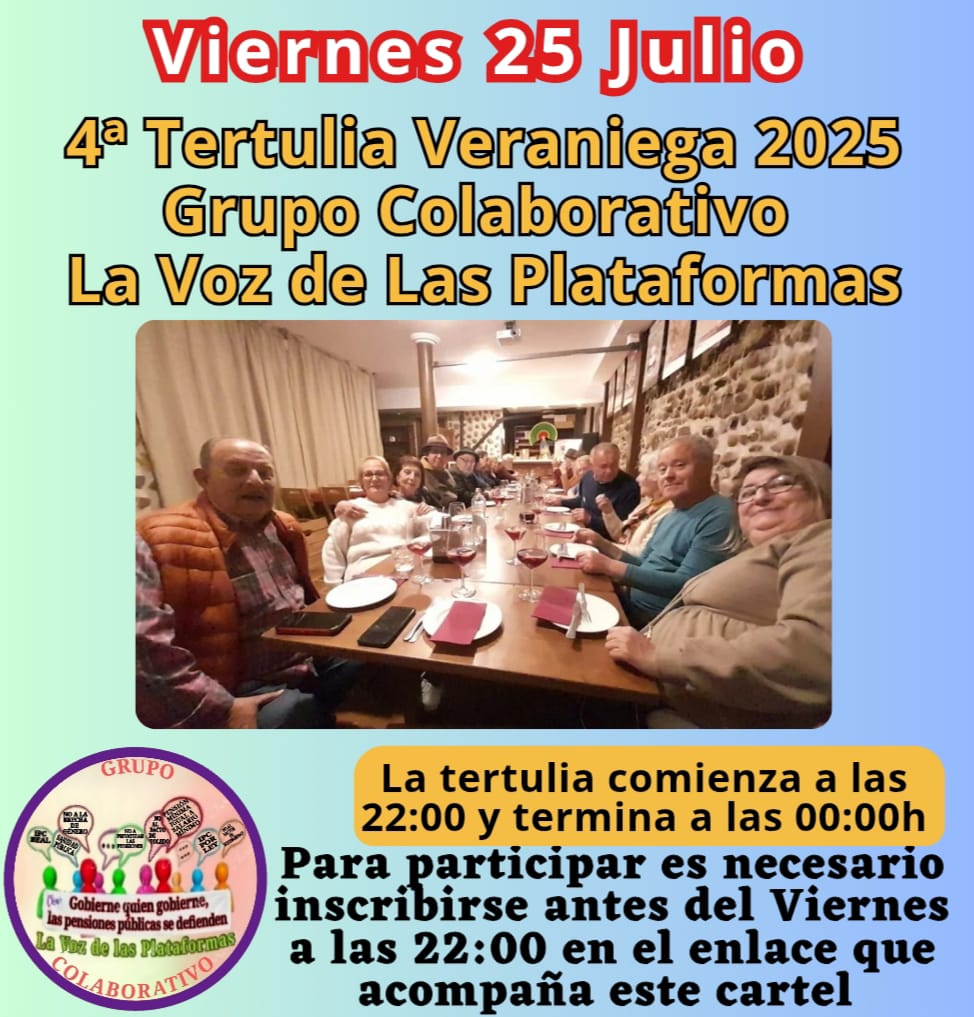 G. C. LA VOZ de LAS PLATAFORMAS (@pensionazo_no) on Twitter photo #TertuliaVeraniega
*4ª Tertulia Veraniega 2025 Grupo Colaborativo La Voz de Las Plataformas*
Inscríbase en el enlace👇🏻👇🏻👇🏻👇🏻
*us02web.zoom.us/meeting/regist…*
Recibirá E-mail para unirse
<a href="/pensionazo_no/">G. C. LA VOZ de LAS PLATAFORMAS</a>
<a href="/PorLaUnidadPens/">@PorLaUnidadSocial</a>
<a href="/LaVozenIgualdad/">La Voz de las Plataformas por la igualdad.</a> #TertuliaVeraniega
*4ª Tertulia Veraniega 2025 Grupo Colaborativo La Voz de Las Plataformas*
Inscríbase en el enlace👇🏻👇🏻👇🏻👇🏻
*us02web.zoom.us/meeting/regist…*
Recibirá E-mail para unirse
<a href="/pensionazo_no/">G. C. LA VOZ de LAS PLATAFORMAS</a>
<a href="/PorLaUnidadPens/">@PorLaUnidadSocial</a>
<a href="/LaVozenIgualdad/">La Voz de las Plataformas por la igualdad.</a>