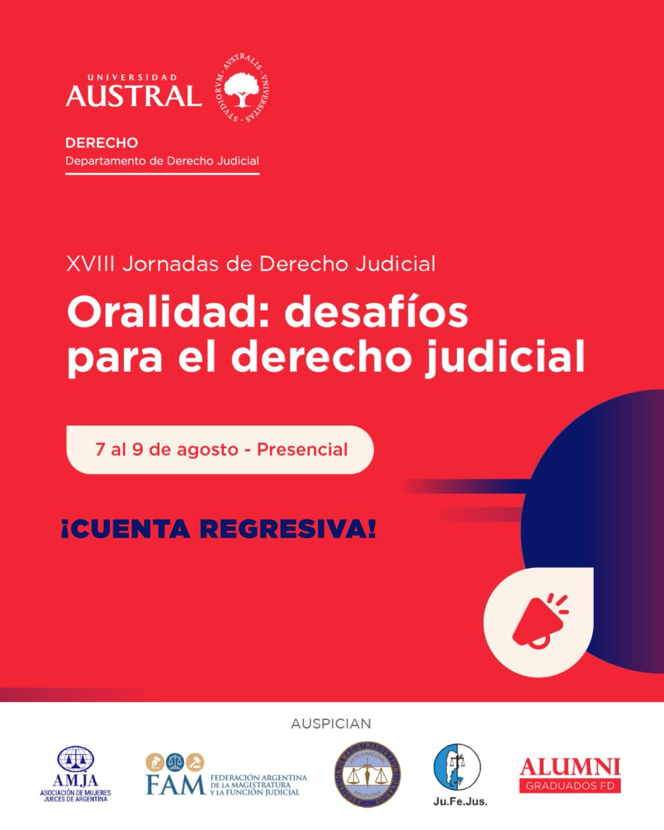 AustralDerecho's tweet image. 📣¡Cuenta regresiva! Ya llegan las 𝗫𝗩𝗜𝗜𝗜 𝗝𝗼𝗿𝗻𝗮𝗱𝗮𝘀 𝗱𝗲 𝗗𝗲𝗿𝗲𝗰𝗵𝗼 𝗝𝘂𝗱𝗶𝗰𝗶𝗮𝗹 "Oralidad: desafíos para el derecho judicial" que irán del 7 al 9 de agosto
Conocé el cronograma de charlas, oradores y registrate acá 👉cuf4.short.gy/Y7cad0
¡Te esperamos!
