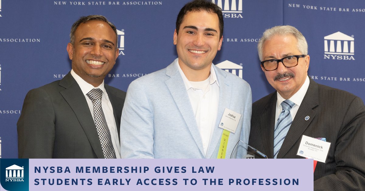 NYSBA's tweet photo. NYSBA membership gives law students early access to the profession. 
Through your free membership, you can choose the sections that align with your interests—litigation, real estate, criminal law, and more—and start receiving timely updates, practical insights, and invitations to programs where you’ll meet working attorneys. Learn more and join now: https://t.co/GZ7RGErQIu