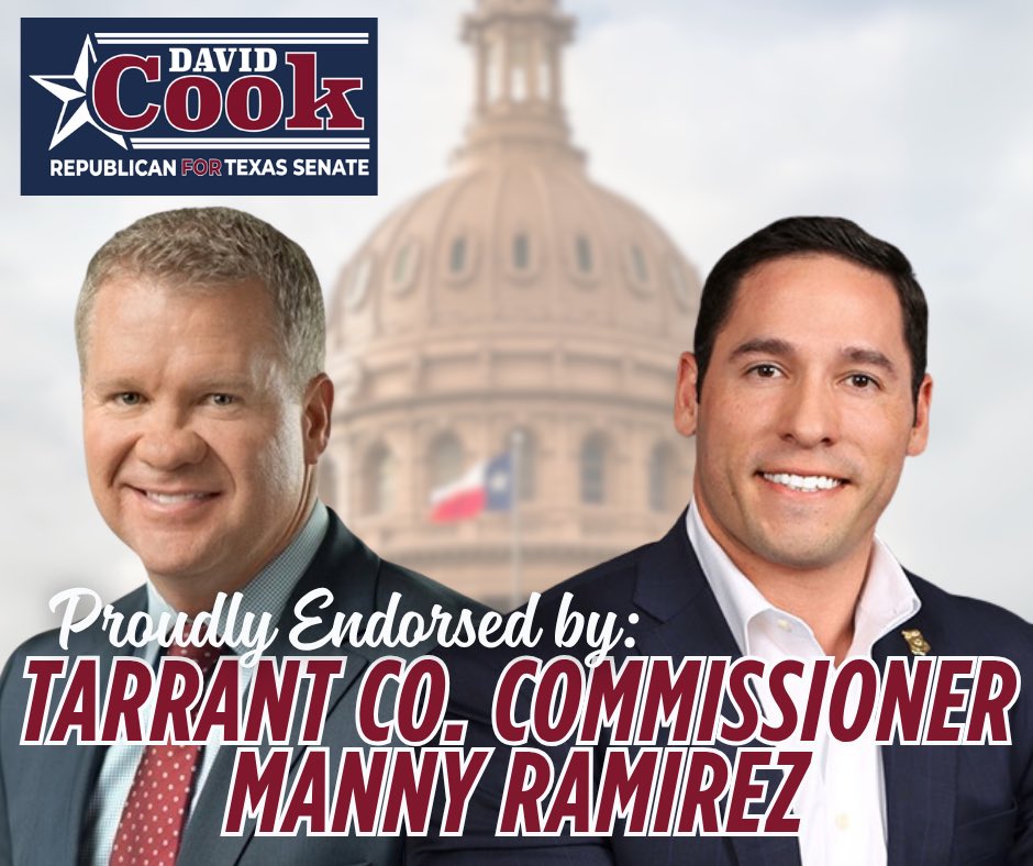 DavidCookTexas's tweet image. I’m proud to have the full support of @MannyRamirez_TX in my race for Senate District 22. As a former law enforcement officer and current Tarrant County Commissioner & Chairman of @TexasJJD, he knows what real leadership looks like. As Chairman of the House Juvenile Justice…