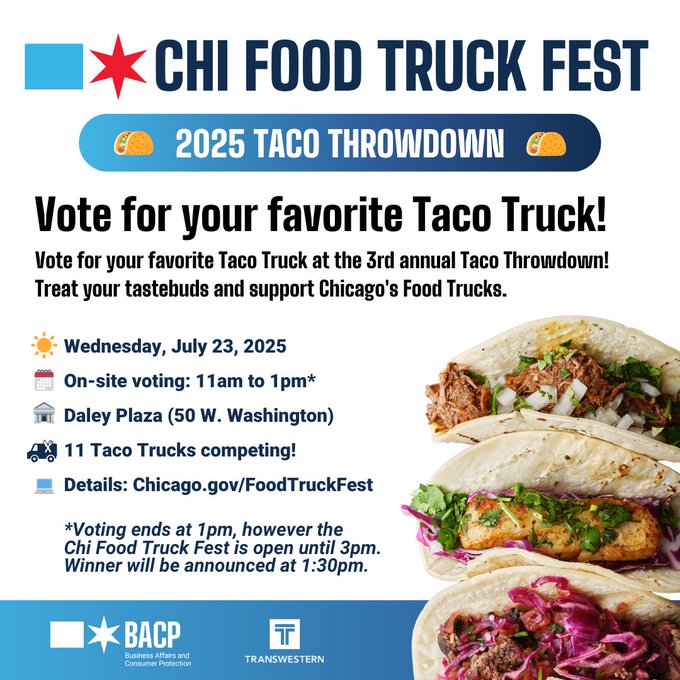 ChicagoBACP's tweet image. TODAY&apos;S THE DAY! The 3rd Annual Taco Throwdown, part of the #ChiFoodTruckFest, is today from 11am to 3pm! Voting period is 11am - 1pm. Winner announced at 1:30pm. 

STAY SAFE WITH HIGH TEMPS! TIPS TO BEAT THE HEAT: chicago.gov/city/en/depts/…