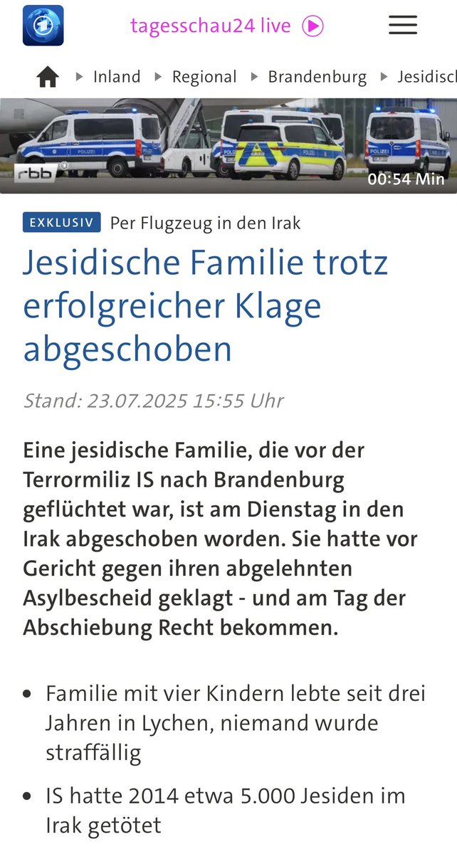 Janine_Wissler's tweet image. Der Bundestag hat die IS-Verbrechen an den #Jesiden als Völkermord anerkannt. Einer Familie mit vier Kindern wurde vor Gericht Schutz zugesprochen - sie wurde trotzdem in den Irak abgeschoben. Sie muss sofort zurückgeholt werden.
#Abschiebungen #Dobrindt
tagesschau.de/inland/regiona…