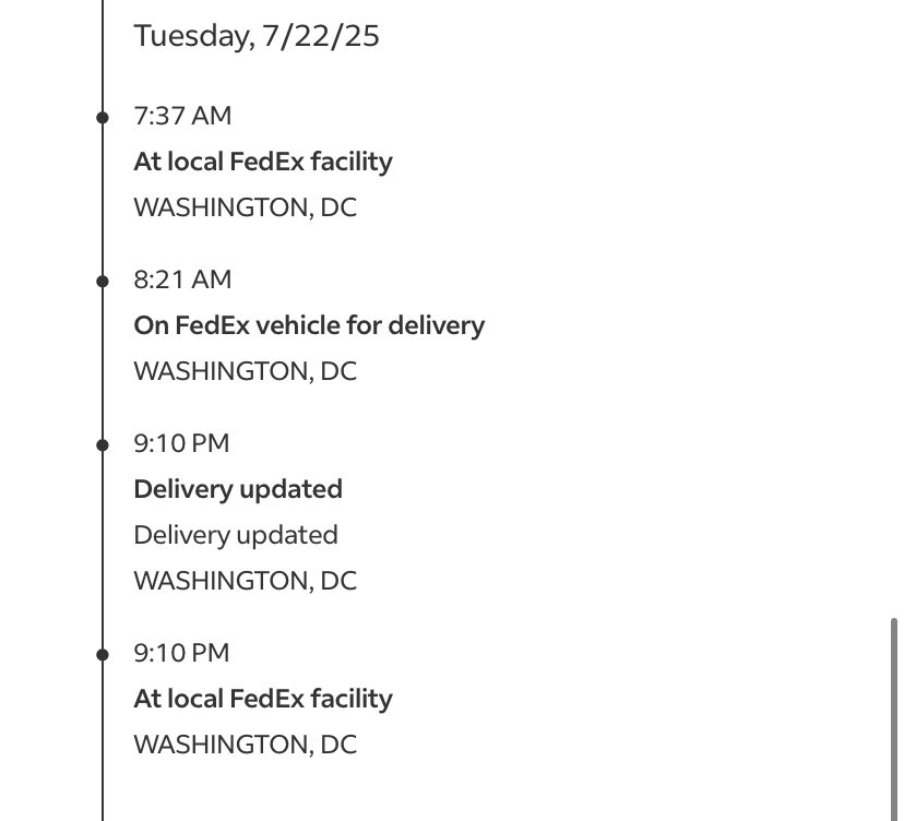 eringravitt's tweet image. Hi ⁦@FedEx⁩ how does a package go from “on vehicle for delivery” to “at local facility” without a delivery attempt? Especially when it’s been 8 days on a 2Day shipment.
