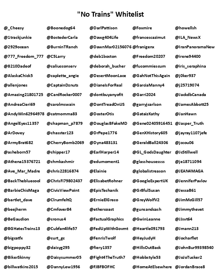 notmrbill069trn's tweet image. this is my 'no train' whitelist. that means if you are on the list you will NOT be on my trains. if that's what you want you need do nothing. if that's NOT what you want and you DO want to be on my trains, simply reply to this tweet and i'll remove you from this list. thank you.