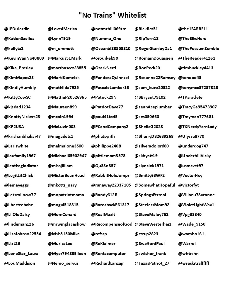 notmrbill069trn's tweet image. this is my 'no train' whitelist. that means if you are on the list you will NOT be on my trains. if that's what you want you need do nothing. if that's NOT what you want and you DO want to be on my trains, simply reply to this tweet and i'll remove you from this list. thank you.