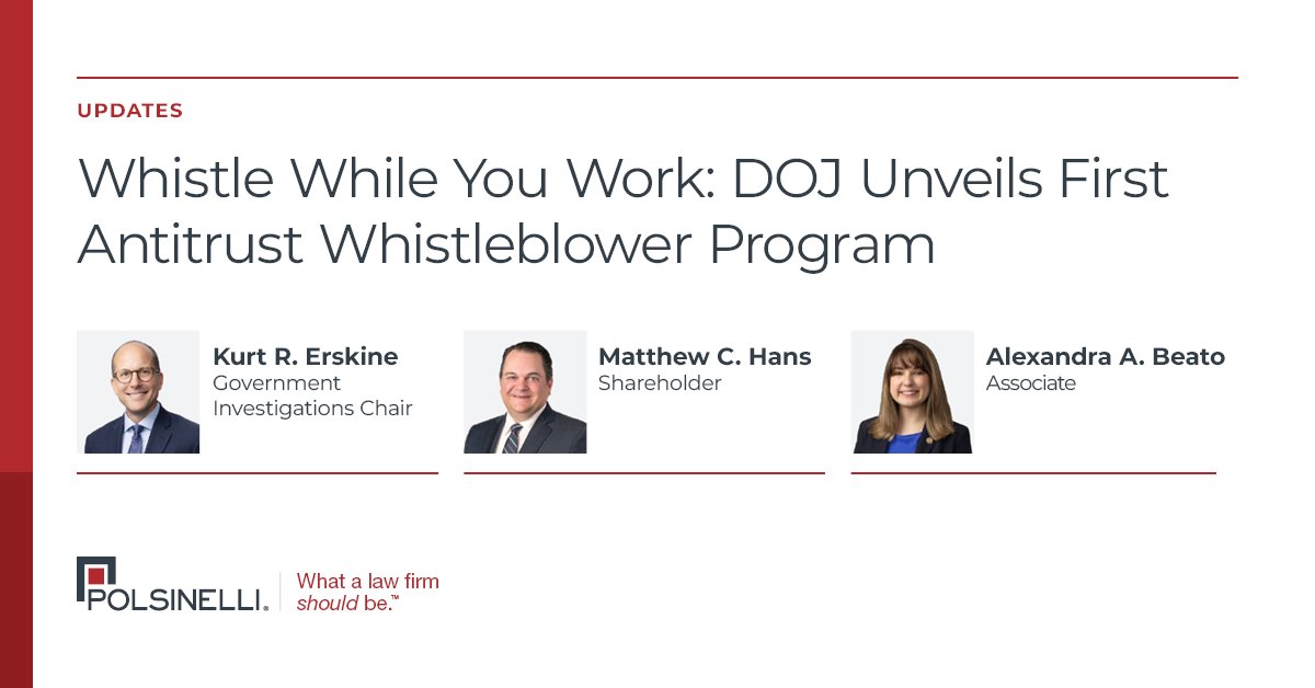 Polsinelli's tweet image. Signaling the DOJ’s willingness to dedicate more resources to investigating and prosecuting criminal #antitrust violations, they announced their first ever #WhistleblowerRewardsProgram, in partnership with USPS. Learn about the new program here: polsinelli.com/publications/d….