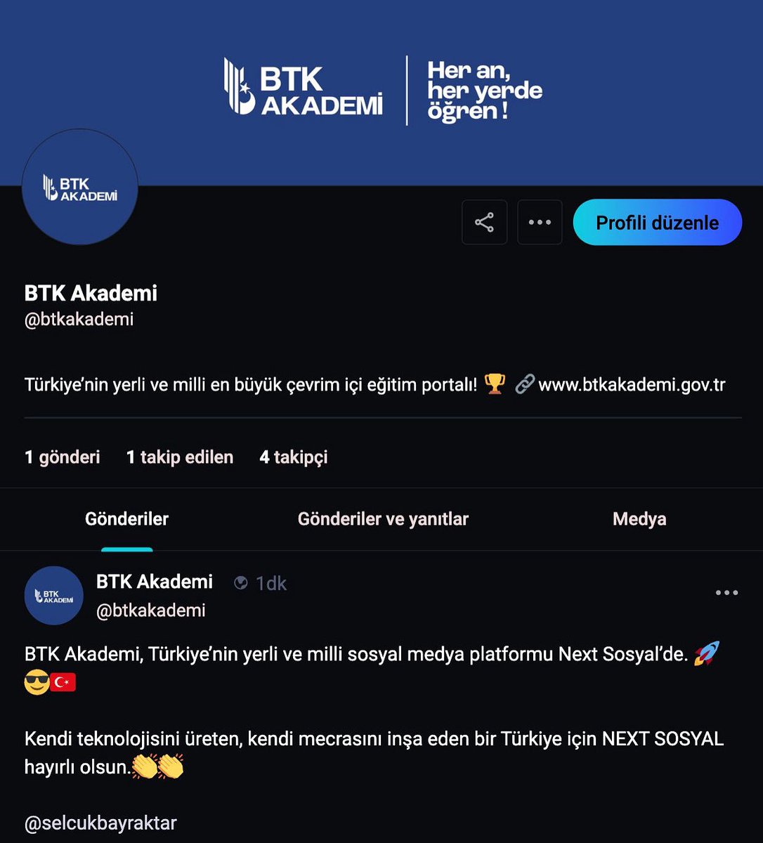 BTK Akademi (@btkakademi) on Twitter photo BTK Akademi, Türkiye’nin yerli ve milli sosyal medya platformu Next Sosyal’de. 🚀😎🇹🇷
Kendi teknolojisini üreten, kendi mecrasını inşa eden bir Türkiye için NEXT SOSYAL hayırlı olsun.👏👏
<a href="/Selcuk/">Selçuk Bayraktar</a> <a href="/ofatihsayan/">Dr. ÖMER FATİH SAYAN</a> <a href="/oakaragozoglu/">Ömer Abdullah KARAGÖZOĞLU</a>
🔗 sosyal.teknofest.app/@btkakademi BTK Akademi, Türkiye’nin yerli ve milli sosyal medya platformu Next Sosyal’de. 🚀😎🇹🇷
Kendi teknolojisini üreten, kendi mecrasını inşa eden bir Türkiye için NEXT SOSYAL hayırlı olsun.👏👏
<a href="/Selcuk/">Selçuk Bayraktar</a> <a href="/ofatihsayan/">Dr. ÖMER FATİH SAYAN</a> <a href="/oakaragozoglu/">Ömer Abdullah KARAGÖZOĞLU</a>
🔗 sosyal.teknofest.app/@btkakademi