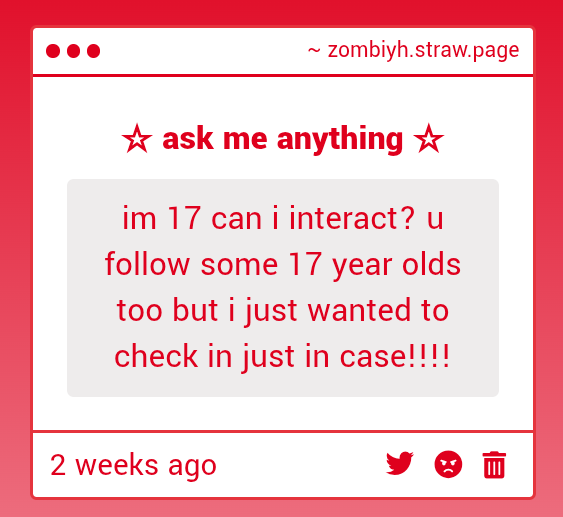 zombiyh's tweet image. 1. most of my art here is sfw but i do draw a lot of suggestive stuff and post so i prefer if its ppl over 18 sorry not sorry , also thank u 4 letting me know i sometimes follow ppl and forget to check age 😭
2. idm!!! pls interact im friendly 🙂↕️ dont be scared :p
#strawpage