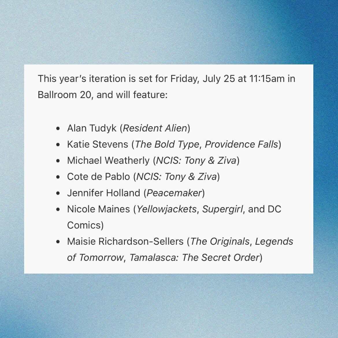 NCISTivaFans's tweet image. ‼️ Michael Weatherly and Cote de Pablo will join TV Guide’s @damianjholbrook in a Fan Favorites panel on July 25 at #SDCC ‼️
#NCISTonyAndZiva #Tiva #NCISVerse #TonyandZiva @M_Weatherly #CoteDePablo @TVGuide
Article courtesy of @SD_Comic_Con 🔗:
sdccblog.com/2025/07/tv-gui…
