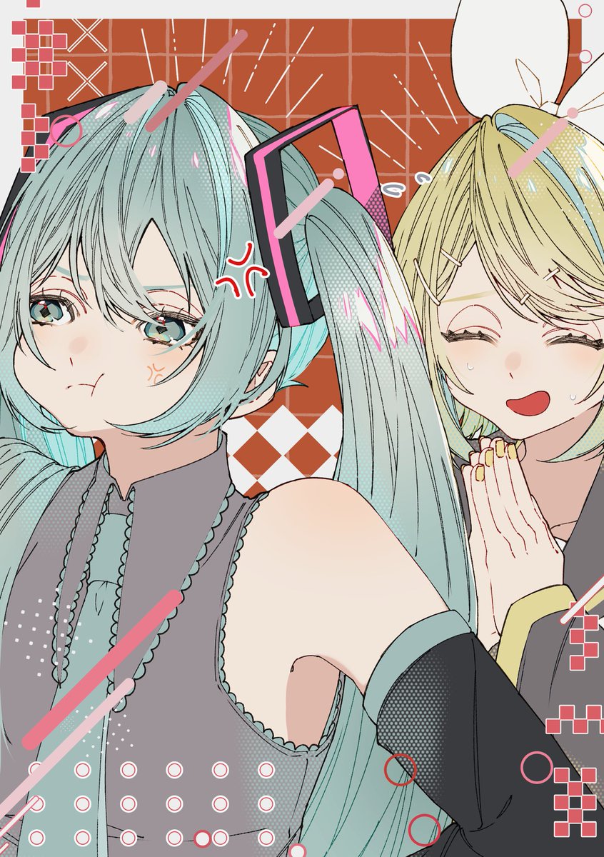 manya_sora's tweet image. 「ミクちゃん、ごめん〜！」
何したんでしょうね☺️💚🧡
 #初音ミク  #鏡音リン
 #VOCALOID