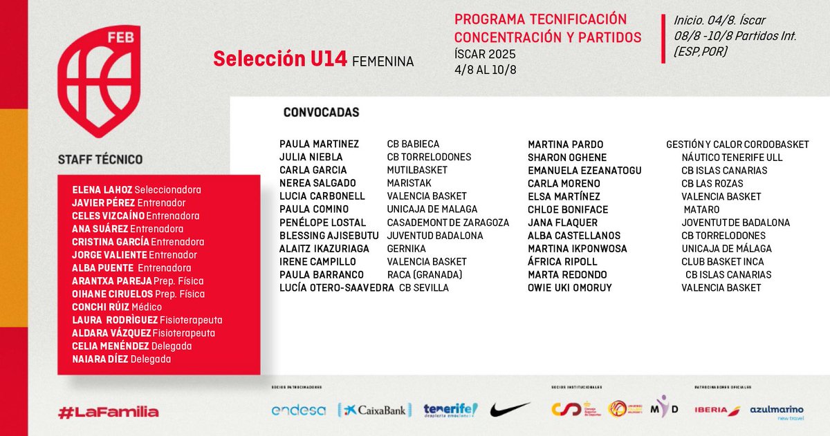 #U14F 📋 Convocatoria U14 femenina para la concentración de verano. 🏀🇪🇸

📆 4-10 de agosto
📍 Íscar