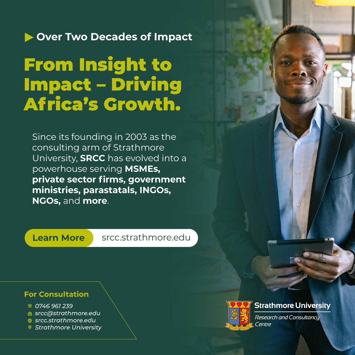 SRCC_Ltd's tweet photo. What began as the consulting arm of @StrathU has grown into @srcc_ltd, a trusted partner to #MSMEs, #privatesector, #government ministries, parastatals, #INGOs, #NGOs, and more.

@srcc_ltd continues to bridge #research, #innovation, and real-world solutions across Africa.

#SRCC https://t.co/gVZFsY0QfB