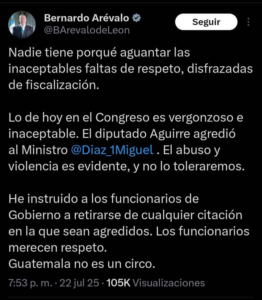 aDiarioGT's tweet image. ARÉVALO REACCIONA TRAS LLANTAZO A MINISTRO
Luego de hacerse viral el momento en que el diputado de Cabal, Luis Aguirre, le lanzara una llanta al ministro Miguel Diaz, esto publicó en sus redes sociales el presidente Arévalo: