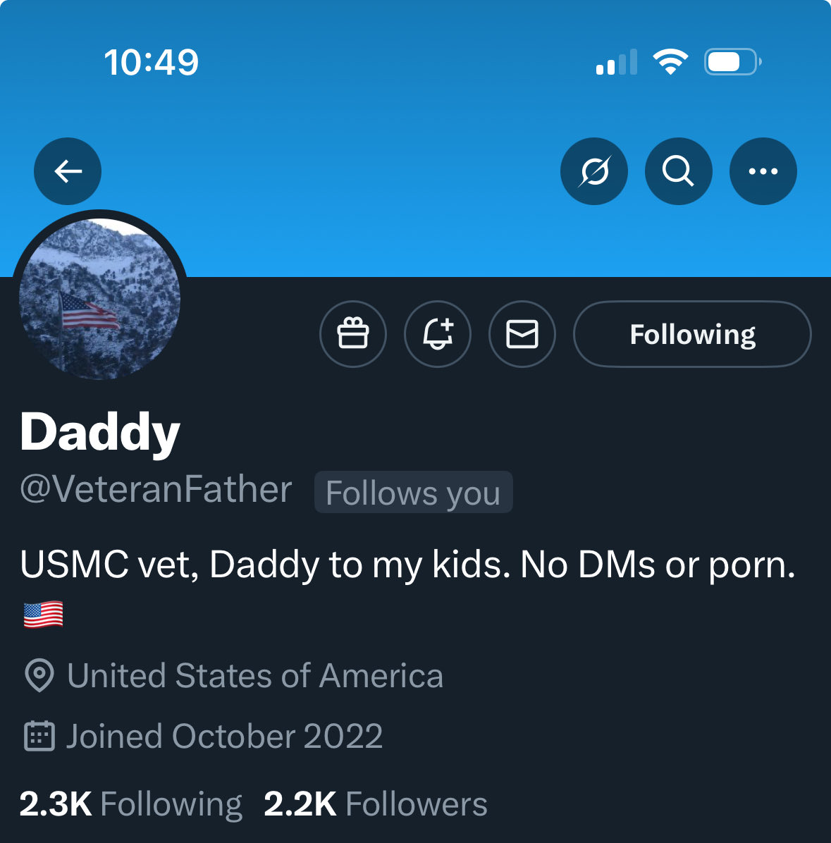 Please follow this USMC veteran who follows back. Thank you for your service.  ⁦<a href="/VeteranFather/">Daddy</a>⁩