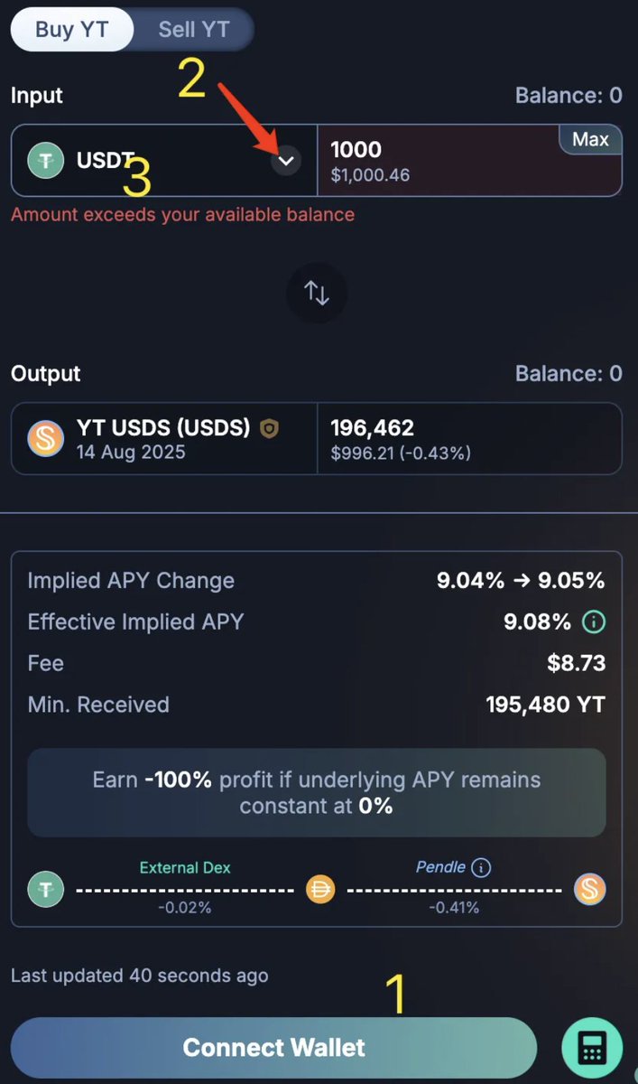 我买了3000u的YT-USDS
预计20天回报3倍
具体教程和逻辑：
1) app.spark.fi/points/7XOTDG
复制这个链接，在币安钱包或OKX 钱包浏览器粘贴这个网址，链接钱包按钮，可以用我的推荐码：7XOTDG，注册登记才能拿积分。
2）打开链接： app.pendle.finance/trade/markets/…
1、连接钱包
2、点 USDS右边的小箭头
3、切换选择