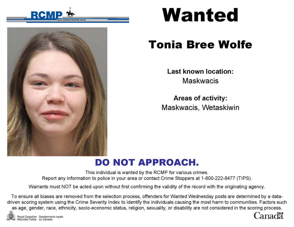 RCMPAlberta's tweet image. #WantedWednesday: Tonia Bree Wolfe. Do not approach.