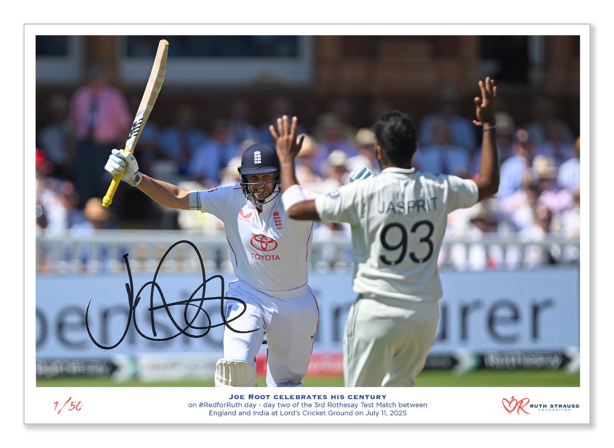 The Cricketer (@thecricketermag) on Twitter photo The iconic #RedforRuth prints are back!
Joe Root celebrating his 37th Test century at Lord's on #RedforRuth Day, 11 July 2025.
Only 50 available — each hand-signed by Joe.
Every print sold helps <a href="/RuthStraussFdn/">Ruth Strauss Foundation</a> support families facing grief.
👉 bit.ly/40QKeg8 The iconic #RedforRuth prints are back!
Joe Root celebrating his 37th Test century at Lord's on #RedforRuth Day, 11 July 2025.
Only 50 available — each hand-signed by Joe.
Every print sold helps <a href="/RuthStraussFdn/">Ruth Strauss Foundation</a> support families facing grief.
👉 bit.ly/40QKeg8