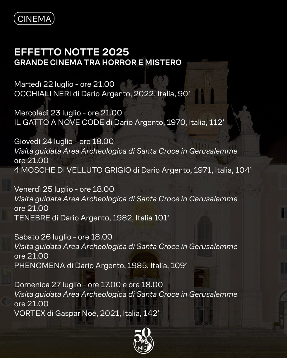 Fino al 27 luglio l’area archeologica di Santa Croce in Gerusalemme ospita #EffettoNotte: proiezioni gratuite e visite guidate tra antichi tesori.
Quest’anno omaggio al maestro del brivido Dario Argento.
#Cinema #Cultura #EventiRoma #MiC