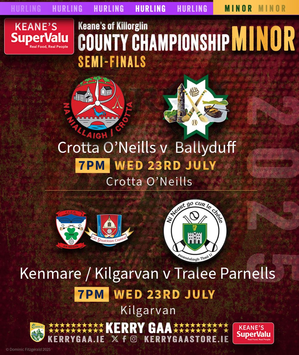Best of luck to our Minor Hurlers in the semi final of the <a href="/Kerry_Official/">Kerry GAA</a>  County Championship this evening. Throw in at 7pm in <a href="/GaaKilgarvan/">Kilgarvan GAA Club</a>