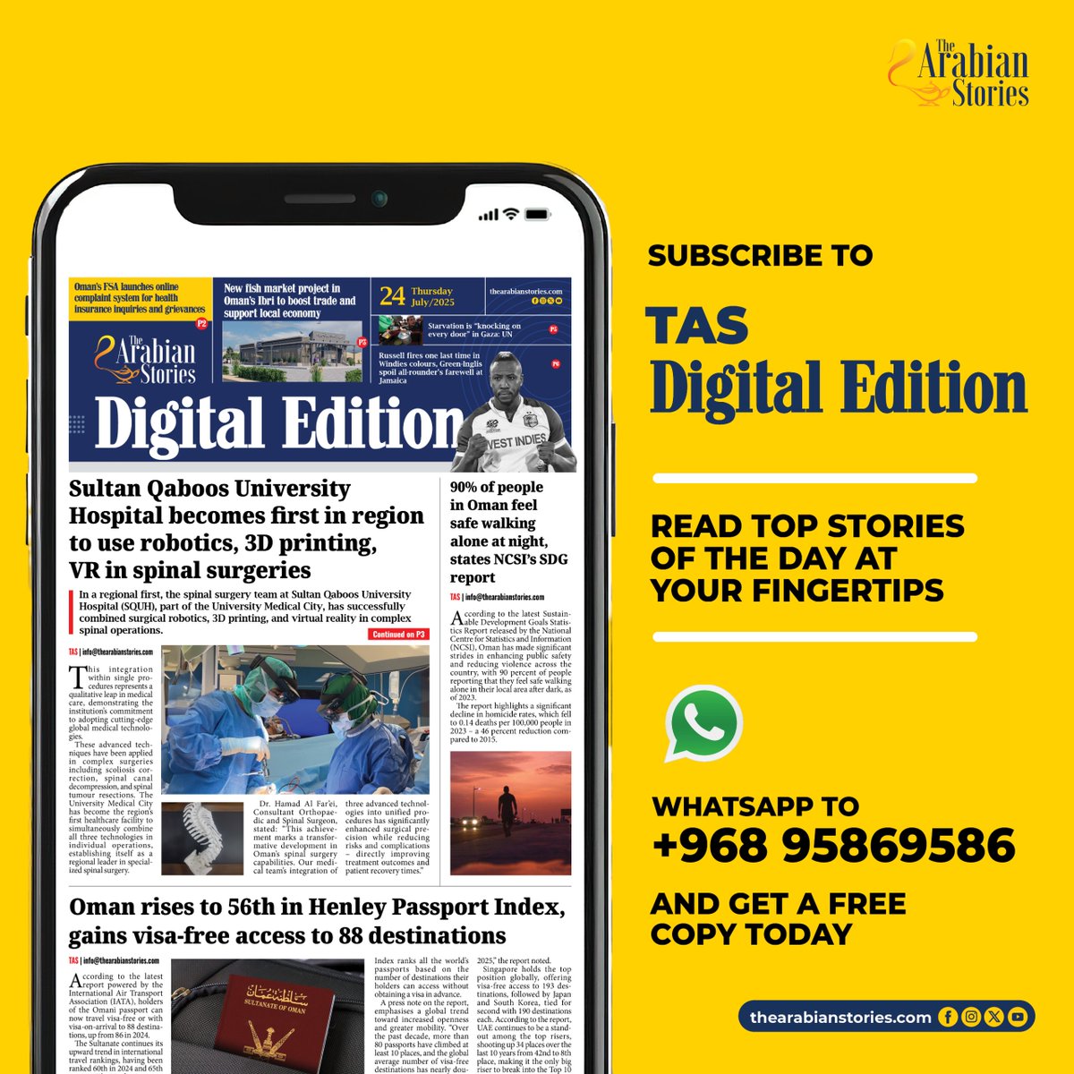 arabian_stories's tweet photo. Here’s the front page of today’s #TASDigitalEdition
What's making headlines today?
Sultan Qaboos University Hospital becomes first in region to use robotics, 3D printing, VR in spinal surgeries
Subscribe to +968 95869586 to get a free copy today!
Read news and more on https://t.co/VEzJ6jzHYU