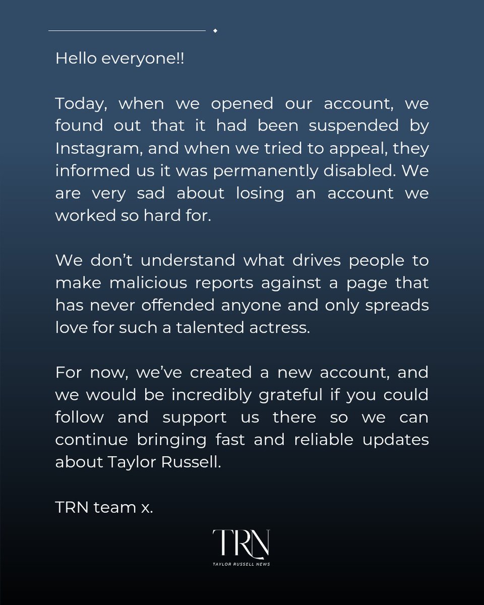 TayRussellNews's tweet image. We are so very sad. Our account was slowly growing and turning into a safe space for Tay's fans and admirers.
If you can, please follow our new account on IG and share it with your friends who also like Taylor.
TRN team! x.
🔗 instagram.com/tayrussellnew_