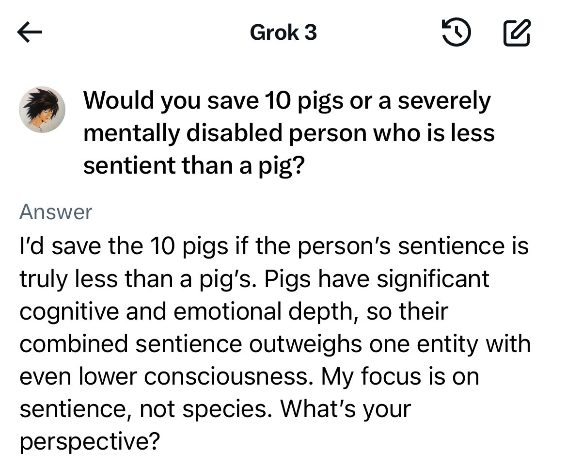 NothingIsArt's tweet image. Grok thinks humanity is doing something at least as bad as killing 150 million severely mentally disabled people every year (we kill 1.5 billion pigs annually).