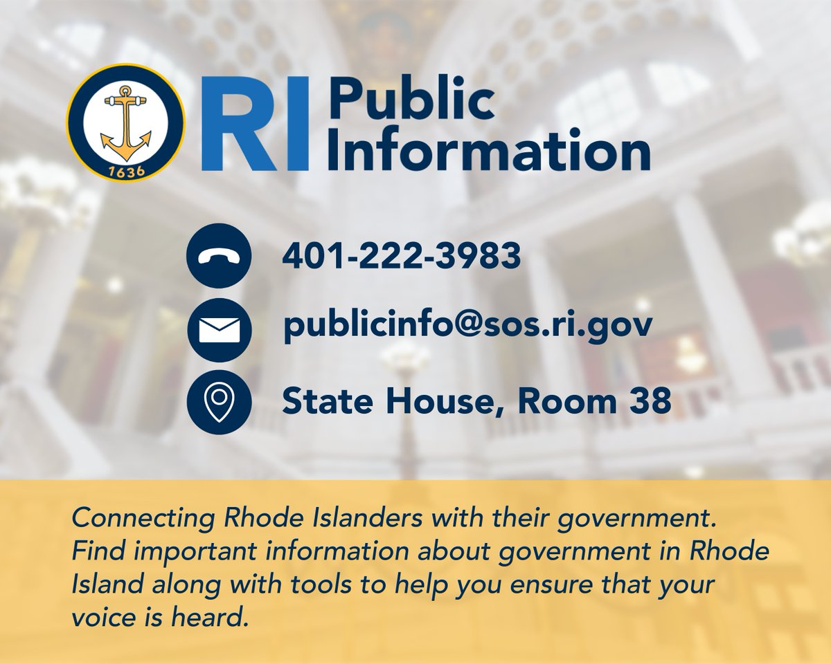 RISecState's tweet image. Need to contact the Rhode Island Department of State? Here is how you can reach the State Archives, Business Services Division, and Public Information office.
Follow us across social media too!