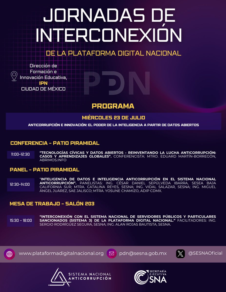 #Atención 📢

¡Continúan las actividades en el tercer día de las Jornadas de Interconexión de la Plataforma Digital Nacional del #SNA! 

Si te interesan los temas vinculados con la innovación en la lucha anticorrupción 📲 y el uso de #InteligenciaArtificial, 💭 encontrarás