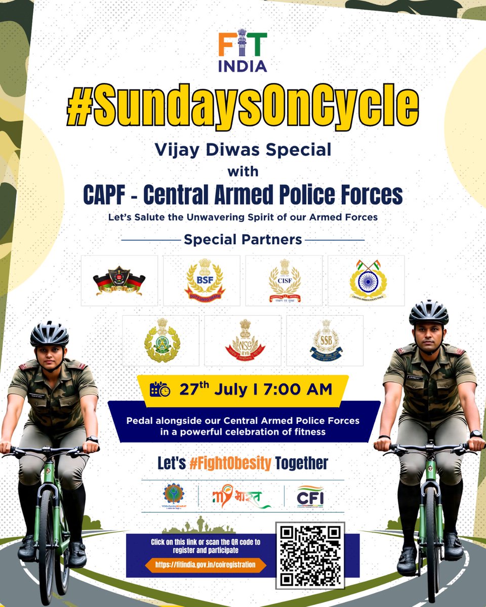 FitIndiaOff's tweet image. Get ready for another special Sunday, to ride with pride 🇮🇳
Join us for #SundaysOnCycle, Vijay Diwas Special edition.
This Sunday, we unite with the CAPF - Central Armed Police Forces to celebrate fitness and patriotism in motion.
Join from your locality and be a part of this…