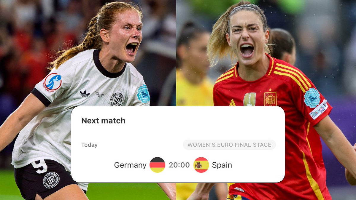 FotMob's tweet image. Germany meet Spain to determine who will face reigning champions England in the final of the 2025 Euros.
Will we see a repeat of the 2022 Euros final (Germany)? Or will we see a repeat of the 2023 World Cup final (won by Spain)?