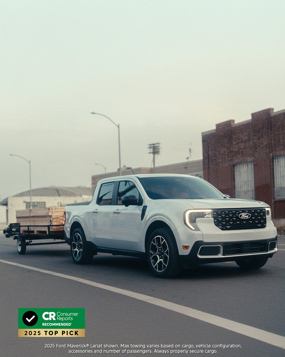 Ford's tweet image. Punches above its weight.
The Ford Maverick® is Consumer Reports® 2025 Top Pick for Best Small Pickup. Learn more: ford.to/4eTUqKO