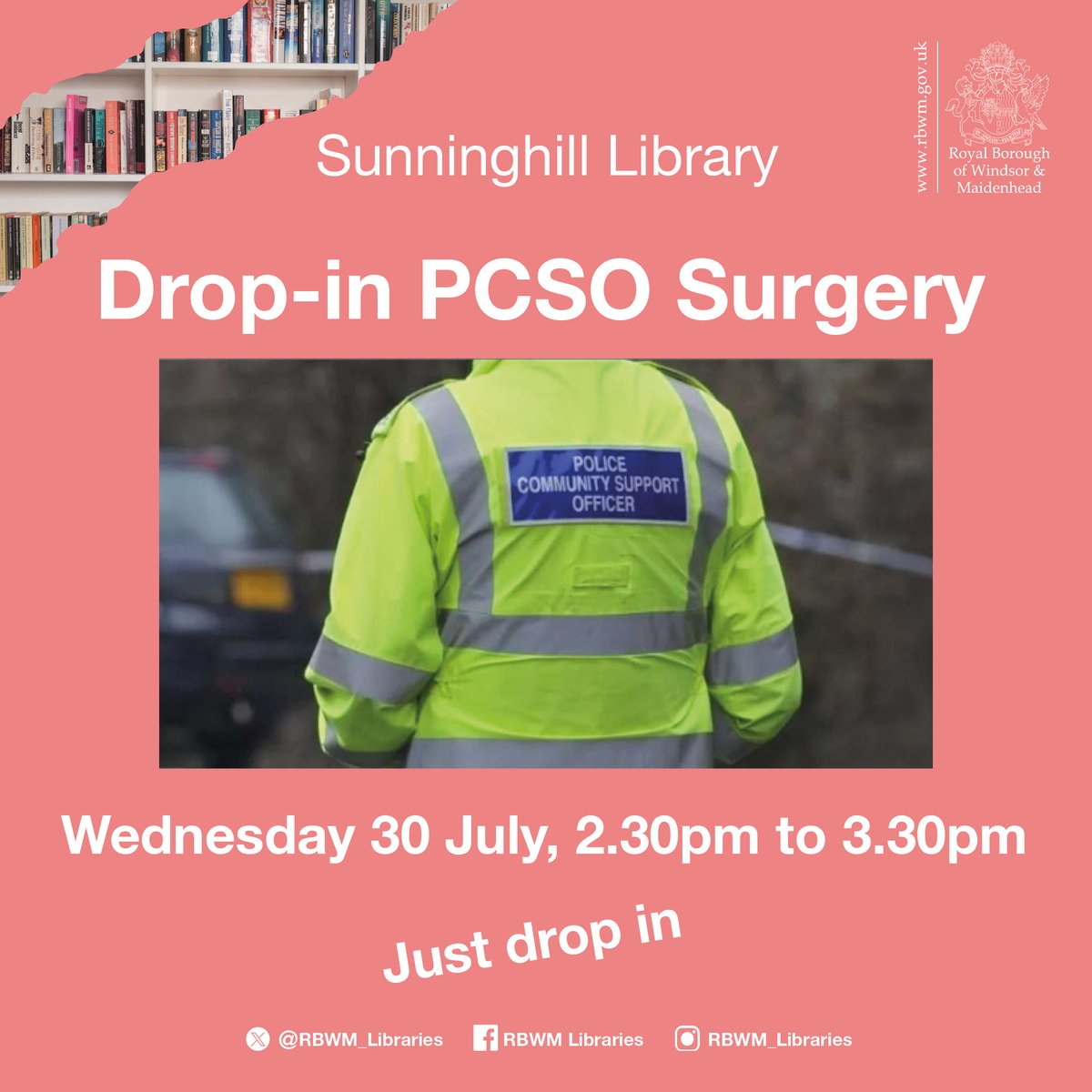 RBWM's tweet image. PCSO Surgery at Ascot Library Wednesday 7 May 2pm to 3.30pm
No need to book, just drop in
