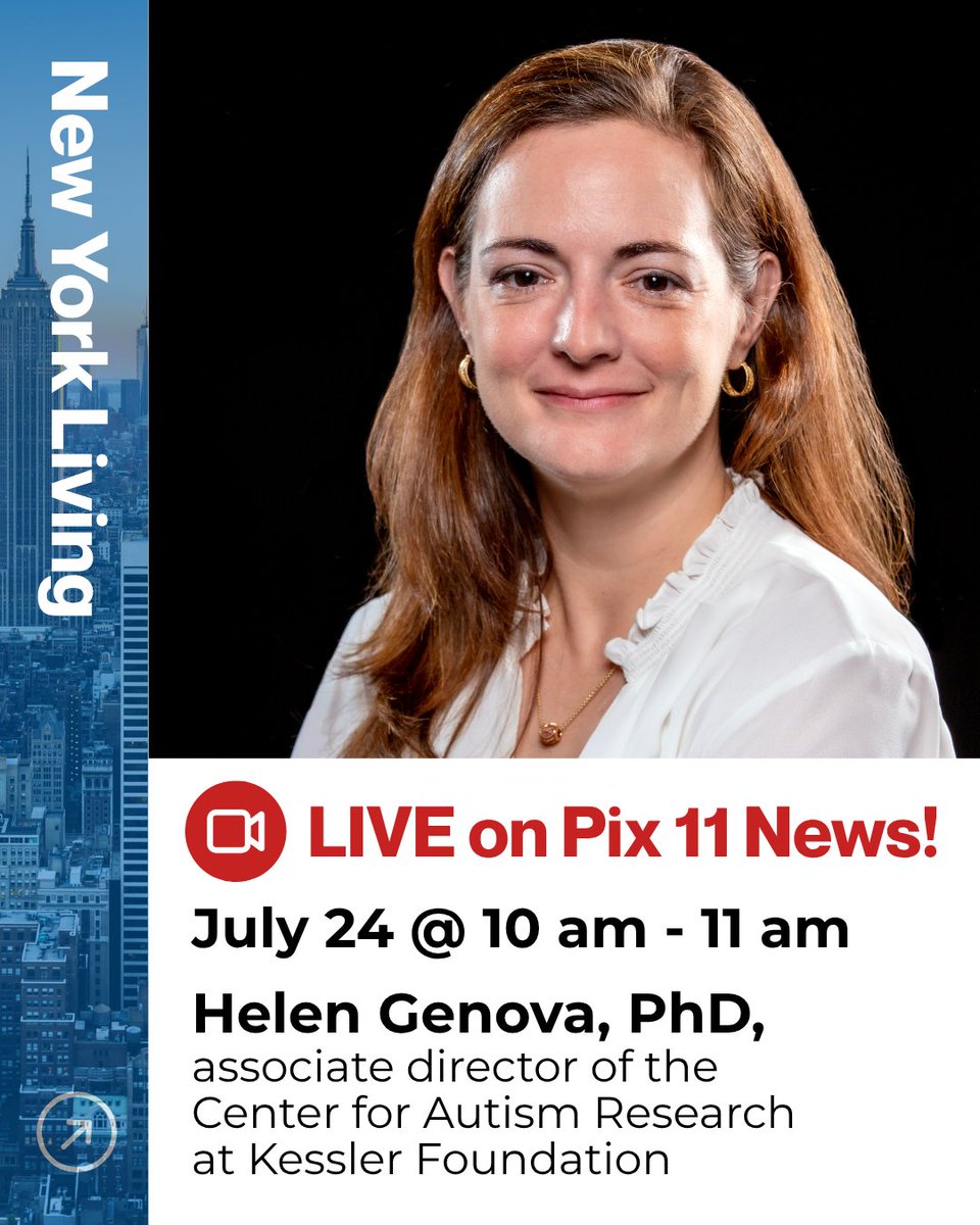 KesslerFdn's tweet image. 📢 Don't miss Helen Genova, PhD, associate director of the Center for Autism Research at Kessler Foundation, on @PIX11News's @PIX11NYLiving TOMORROW at 10 am - 11 am ET!
Dr. Genova will be highlighting KF-STRIDE, a specalized program to help young adults on the autism spectrum…