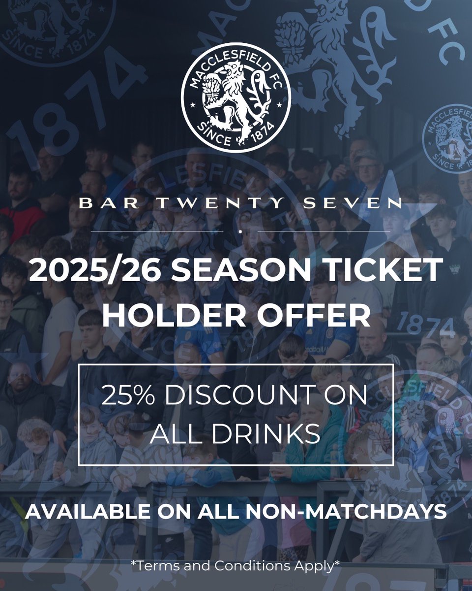thesilkmen's tweet image. Macclesfield FC are delighted to unveil the first in a series of rewards for our much-valued Season Ticket holders. ๐๏ธ
From today, all Season Ticket holders and up to three guests will be able to claim 25% off all drinks in Bar Twenty Seven on non-match days.
More informationโฆ