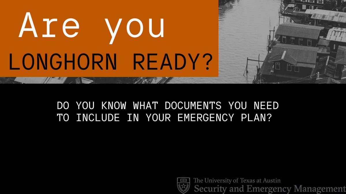 UTAustinSEM's tweet image. 🗂️ Keep your important emergency docs ready—IDs, insurance policies, medical info, and emergency contacts.
Store physical copies in a waterproof container and keep digital backups secure online.
#LonghornReady #StaySafe