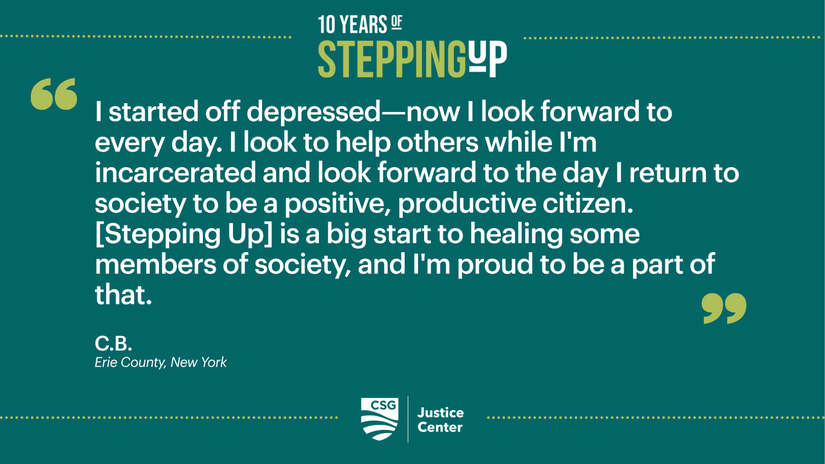 CSGJC's tweet image. Over the last 10 years, #SteppingUp has helped people like C.B. access behavioral health treatment in jail and prepare for a future after incarceration.
Learn about the 10-year impact of this national initiative: stepuptogether.org/10-year-impact/