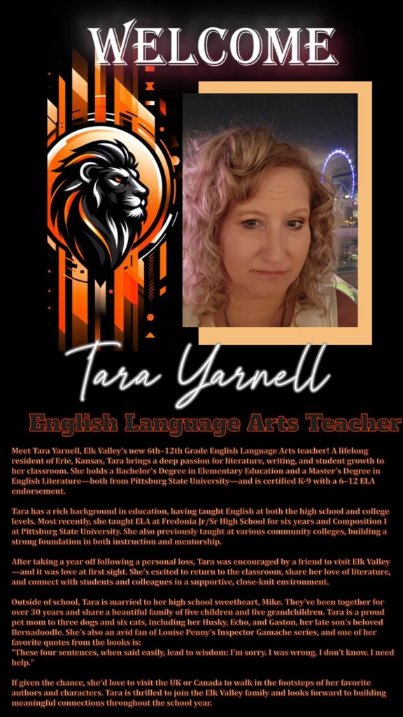 We are counting down the days and counting up all the amazing new additions to Elk Valley! Meet the lady who will be bringing in some great teaching experience!

Meet Tara Yarnell, Elk Valley’s new 6th–12th Grade English Language Arts teacher!