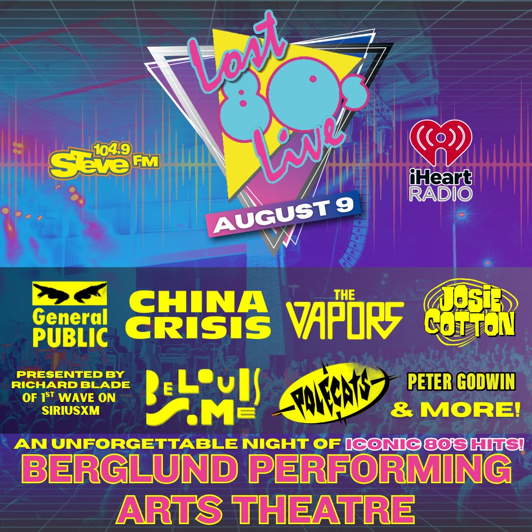 LOCATION CHANGE! ⚠

The Lost 80's Live show has been moved from Elmwood Park to Berglund Performing Arts Theatre.

Same date, same amazing lineup - now INDOORS!

All tickets will be honored at Berglund Performing Arts Theatre on August 9th.

🎟 bit.ly/HenritzeDental…