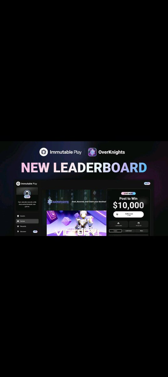 Join the <a href="/Immutable/">Immutable</a> community to compete for the $10,000 prize pool on <a href="/OverKnightsGame/">OverKnights</a> 
How;
Post your best tips,show off your skills with a clip, be creative and authentic .

The goal is to climb to the top 100 on the leaderboard.Lets build a great community around this game!
